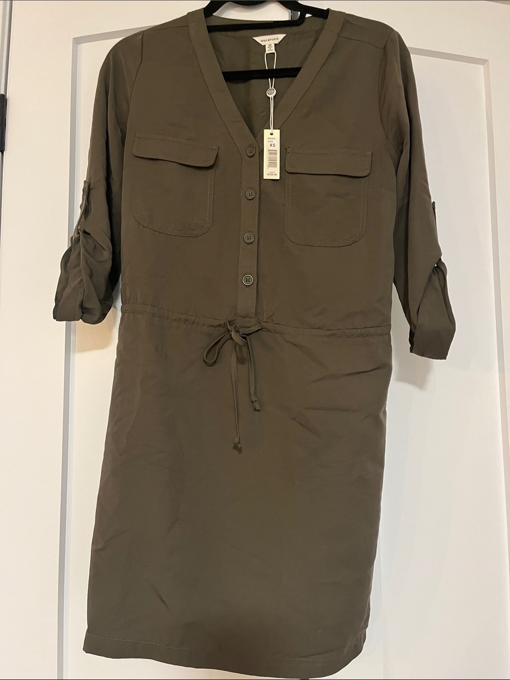 Max Studio Olive Green Utility Drawstring Mini Dress